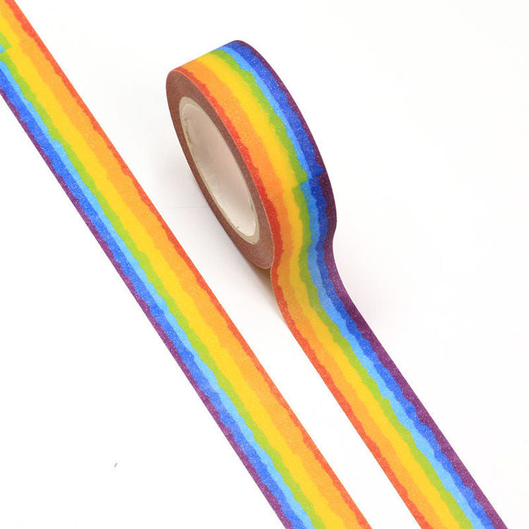 Image shows a bright rainbow pattern washi tape