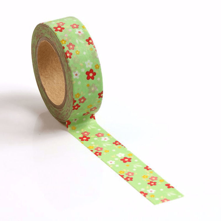 Image shows a cute floral pattern washi tape with green background