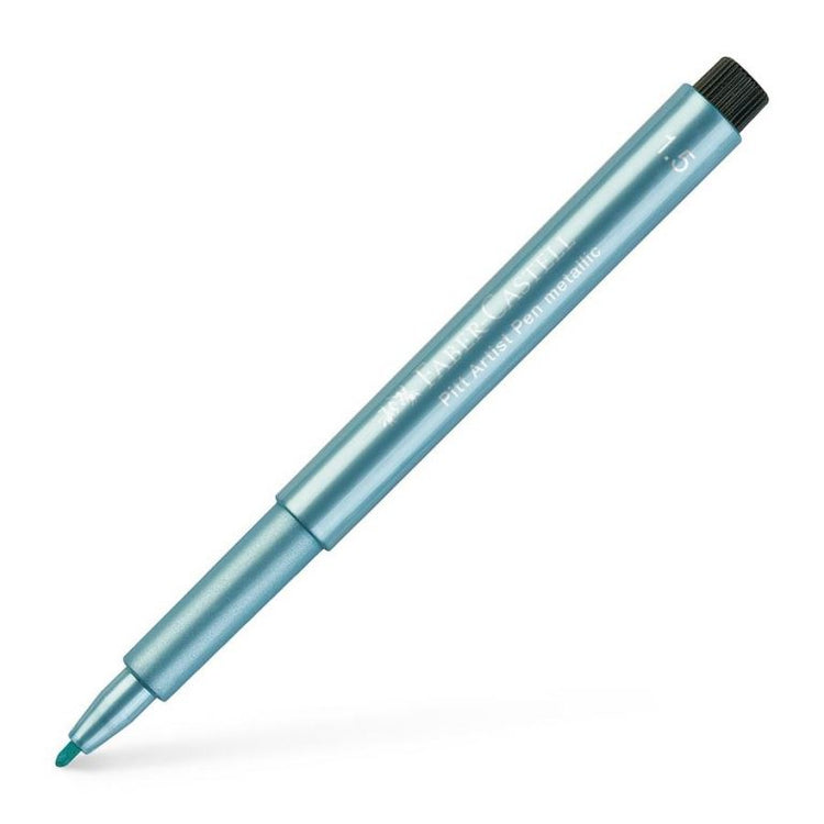 Image shows a Faber-Castell metallic pitt artist pen (blue)