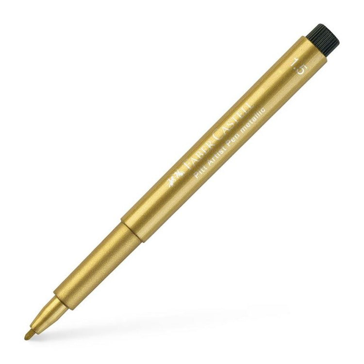 Image shows a Faber-Castell metallic pitt artist pen (gold)