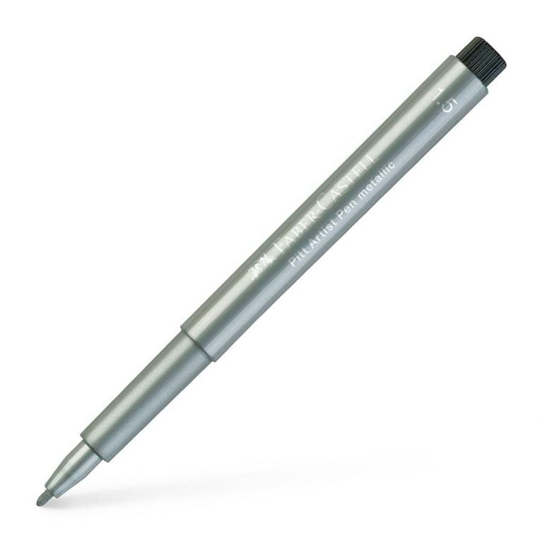 Image shows a Faber-Castell metallic pitt artist pen (silver)