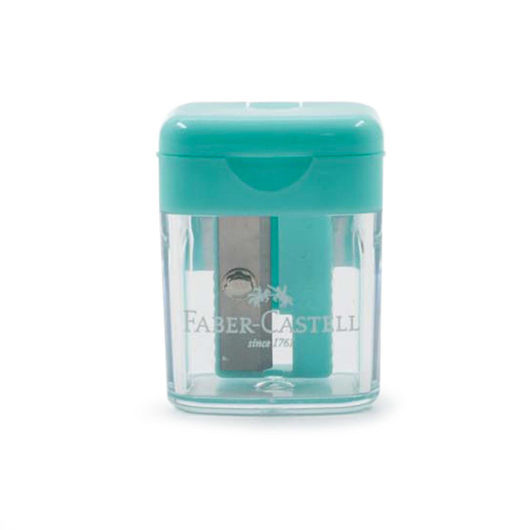 Image shows a turquoise Faber-Castell mini sharpener