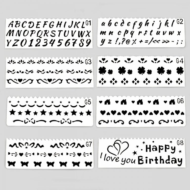 Image shows a set of 8 stencils with different character designs (letters, flowers, hearts, numbers, etc.)