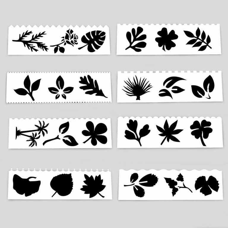 Image shows a set of 8 stencils with different leaves designs