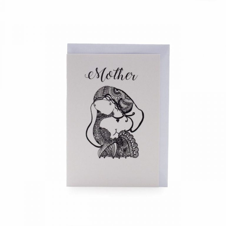 Image shows a greeting card with "mother" written on it and an illustration of a lady