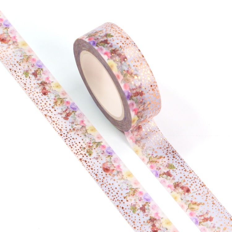 Image shows a multi colored rose pattern washi tape