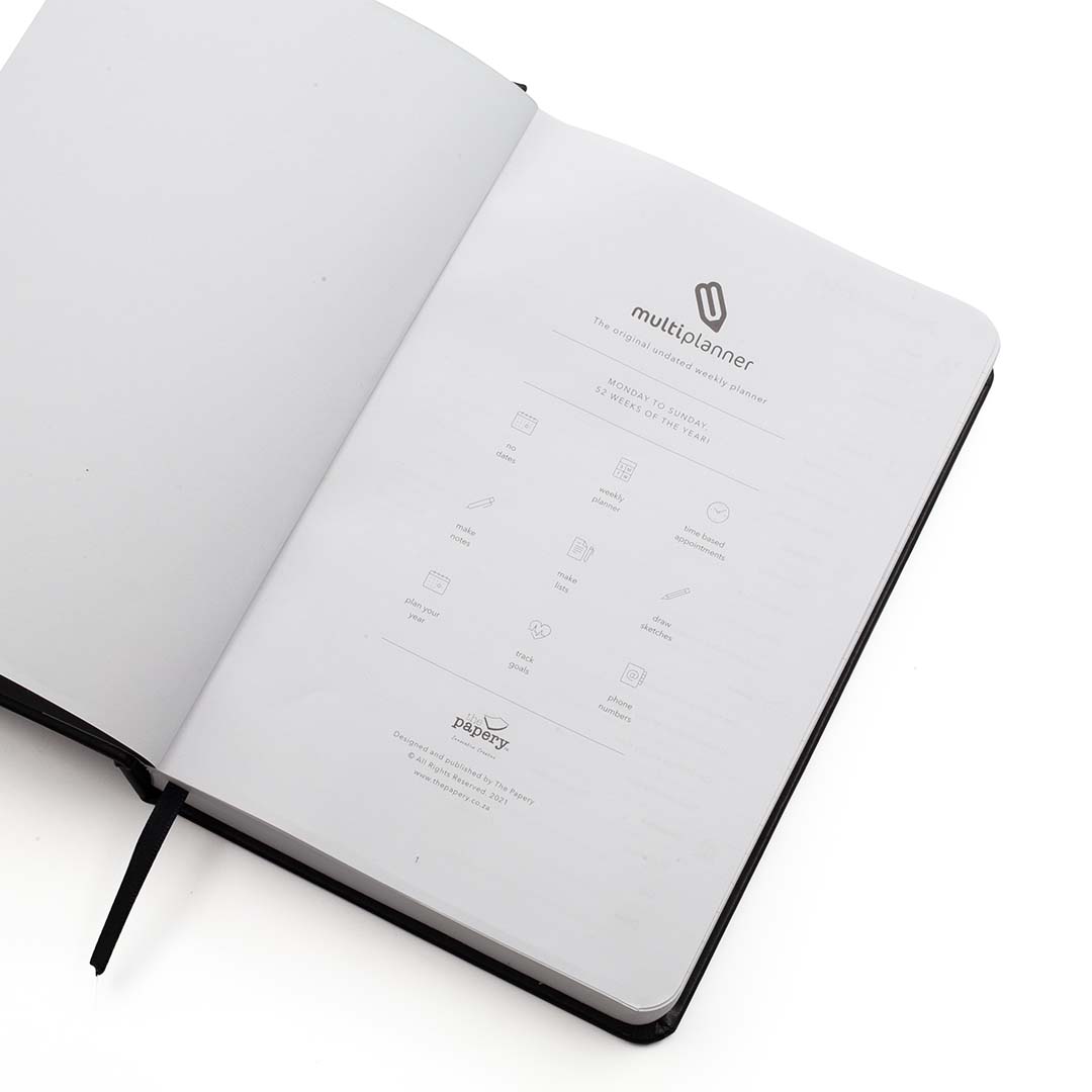 Image shows the first page in the Rustik Leather MultiPlanner (showing icons)