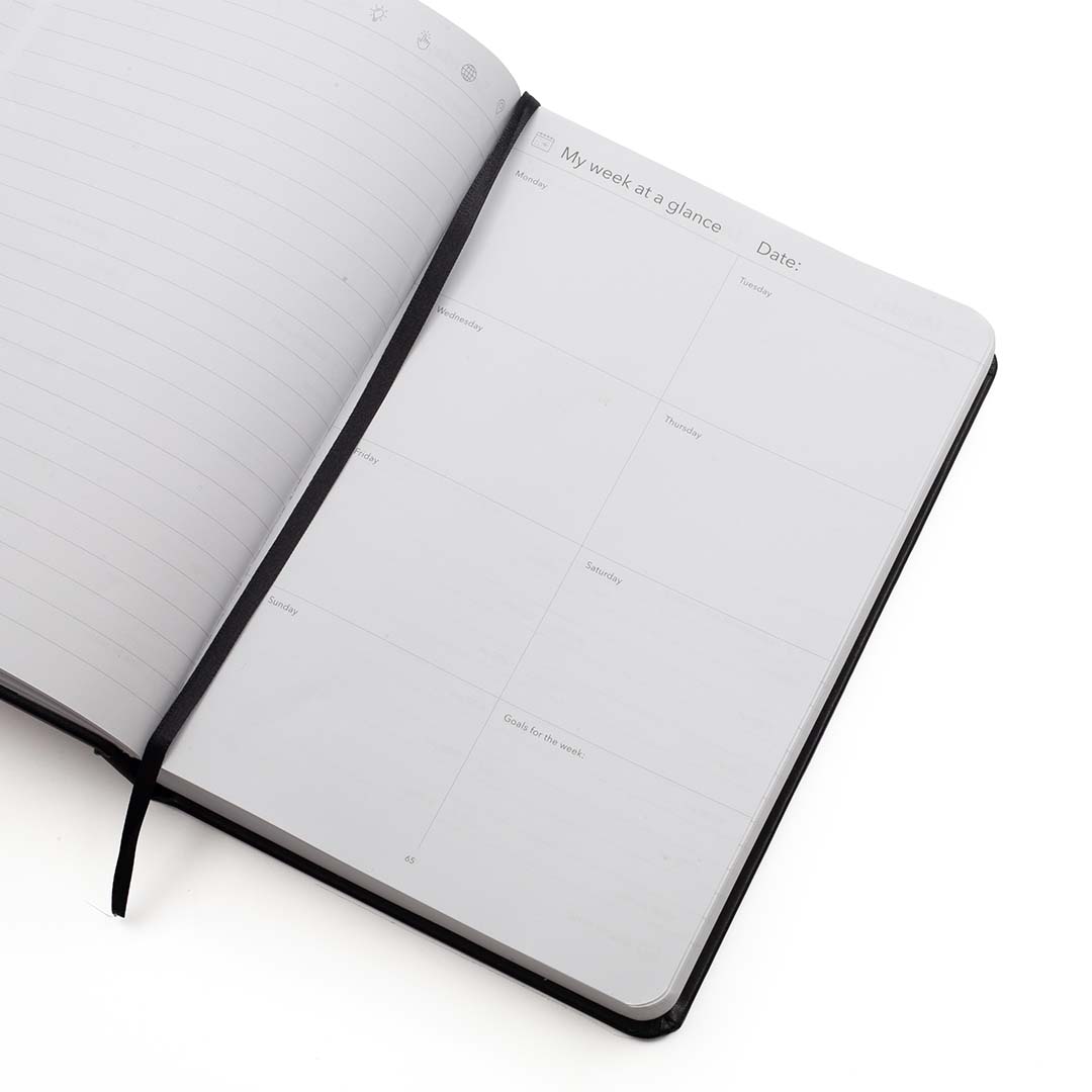 Image shows the week at a glace page in the Rustik Leather MultiPlanner