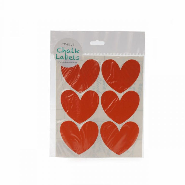 Image shows a set of orange chalk labels in heart shapes