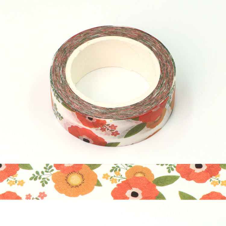 Image shows an orange petunia flower pattern washi tape