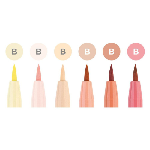 Image shows the nib sizes of a set of 6 Faber-Castell pitt artist pens (light skin colors)