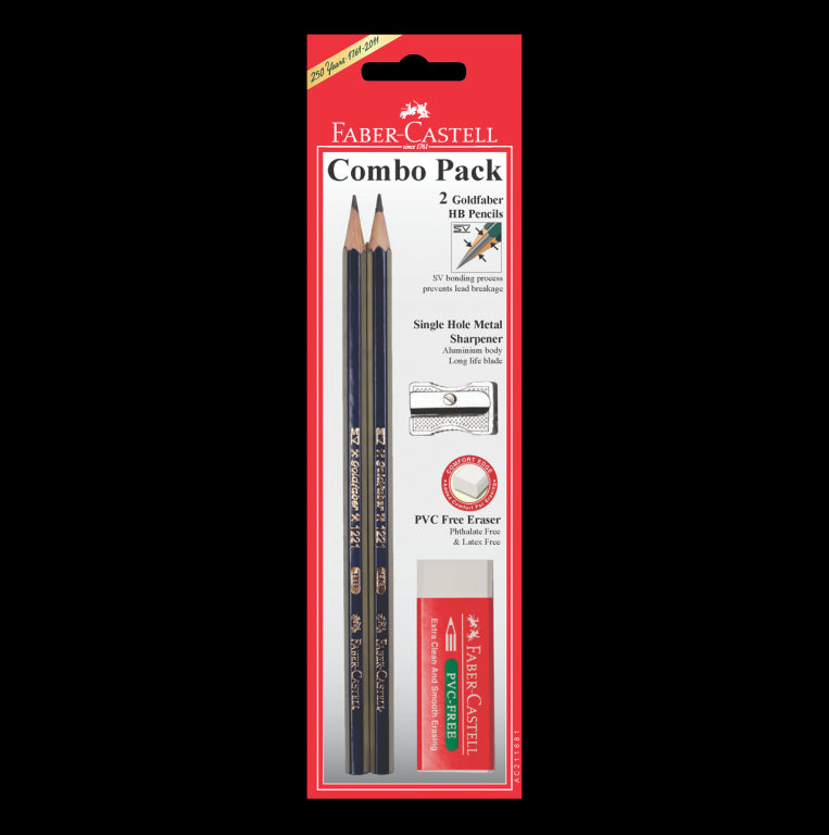 Image shows a Faber-Castell pencil combo pack (2 pencils/sharpener/eraser)