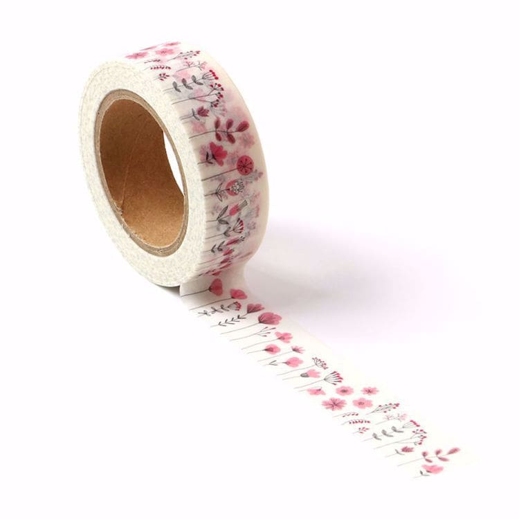 Image shows a pink floral pattern washi tape
