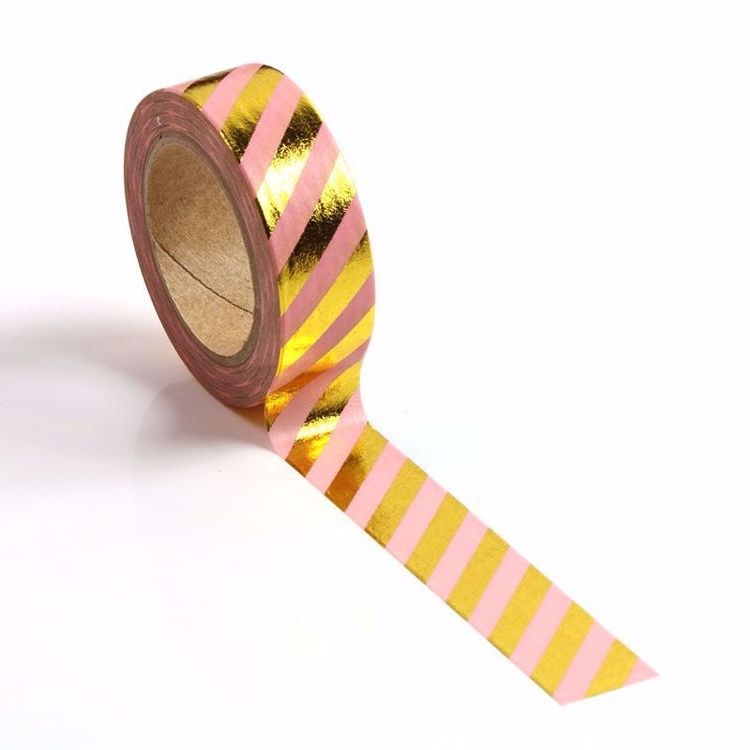 Image shows a pink and gold stripped washi tape