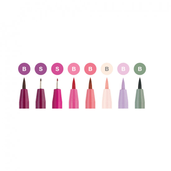 Image shows the nib sizes of a set of 8 Faber-Castell pitt artist pens (Pink themed)