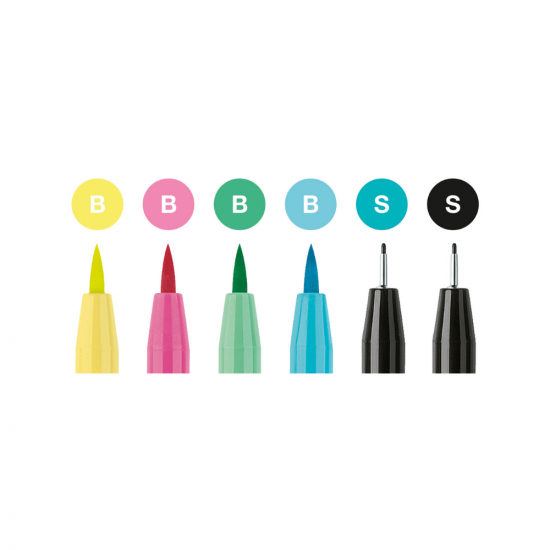 Image shows the nib sizes of a set of 6 Faber-Castell pitt artist pens (pastel themed)