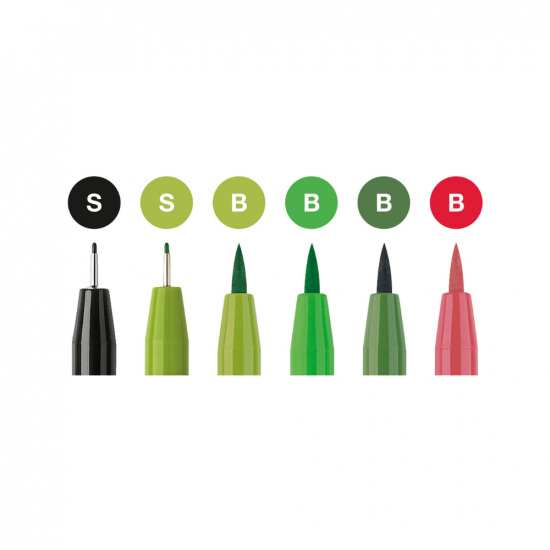 Image shows the nib sizes of a set of 6 Faber-Castell pitt artist pens (green themed)