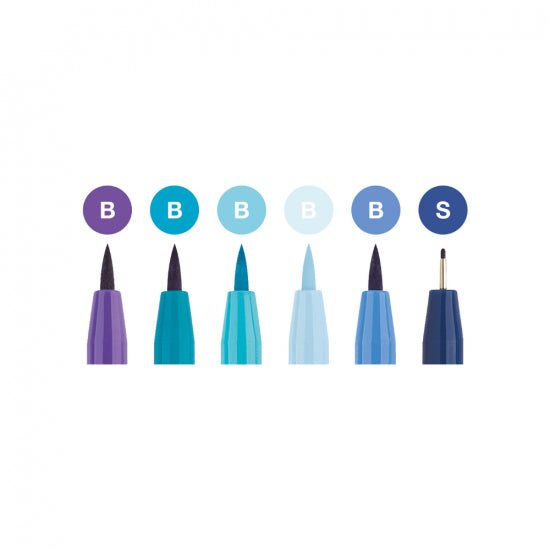 Image shows the nib sizes of a set of 6 Faber-Castell pitt artist pens (blue themed)