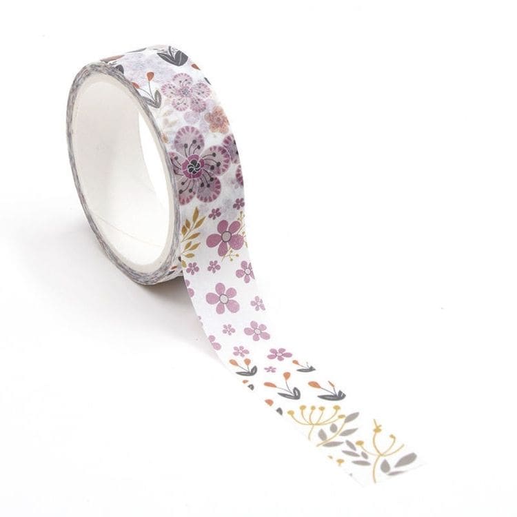 Image shows a purple floral pattern washi tape