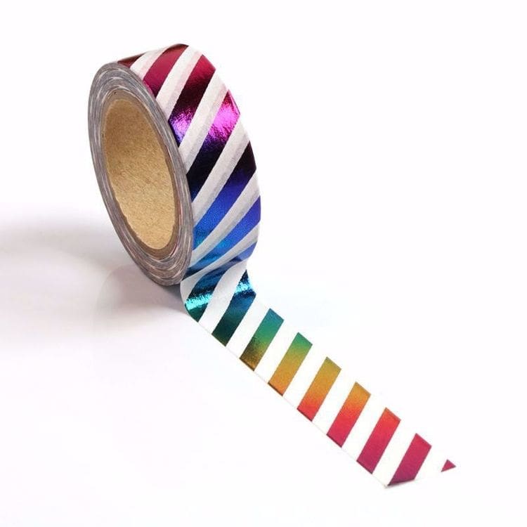 Image shows a rainbow stripped pattern washi tape