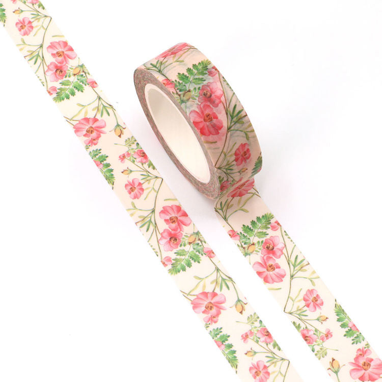 Image shows a red floral pattern washi tape