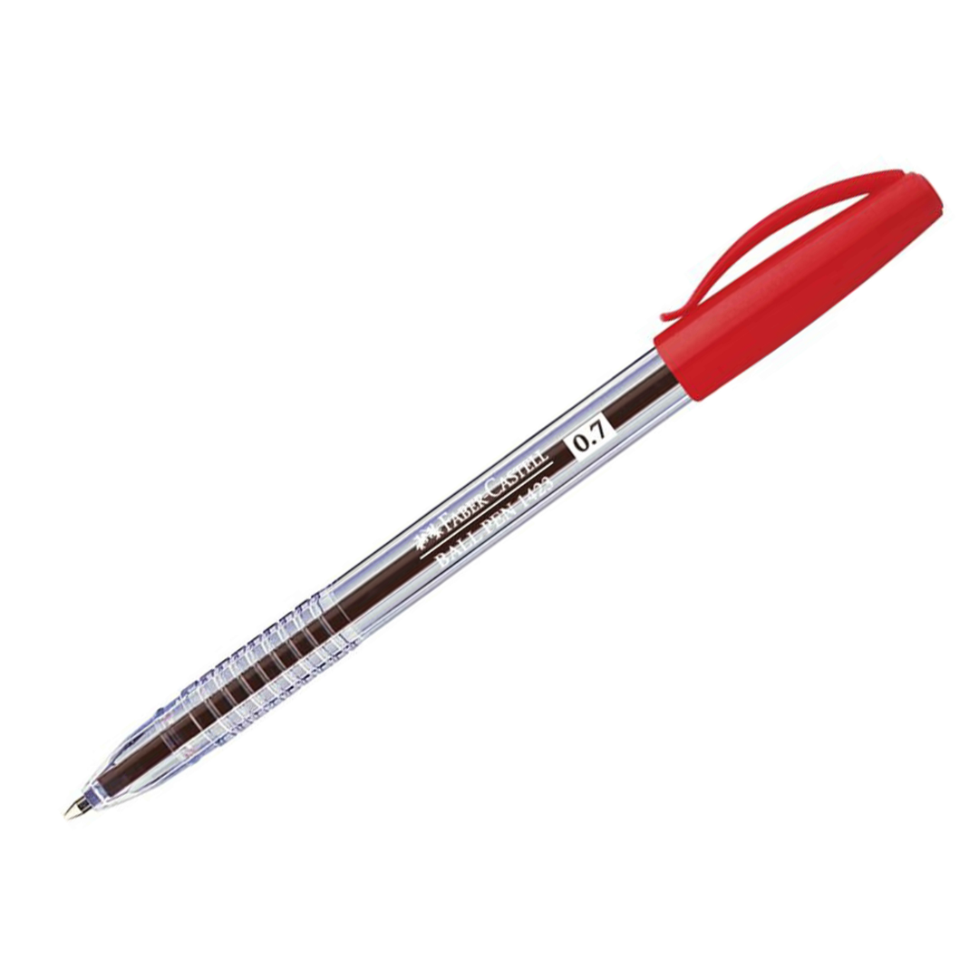 Image shows a red Faber-Castell ballpoint pen