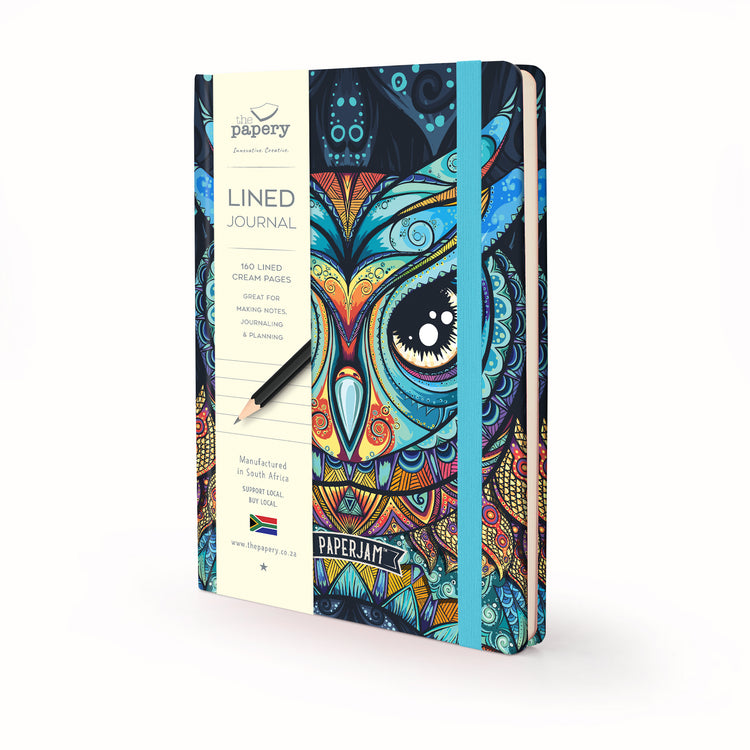 Image shows a lined Retro Owl journal