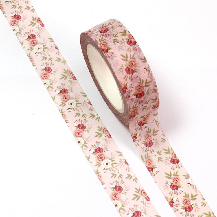 Image shows a pink rose pattern washi tape