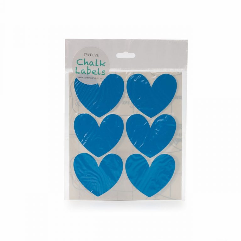 Image shows a set of blue chalk labels in heart shapes