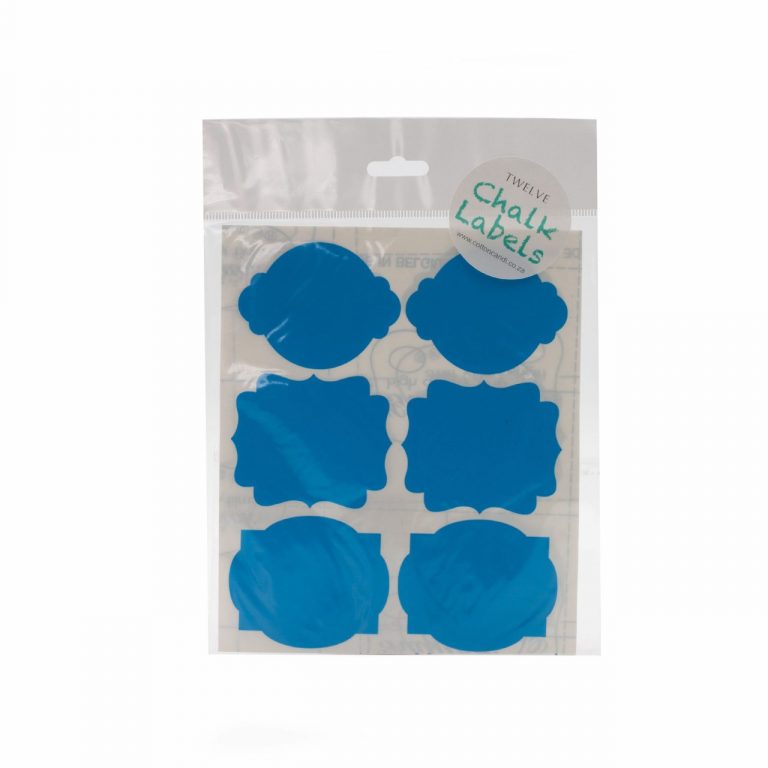 Image shows a set of blue chalk labels