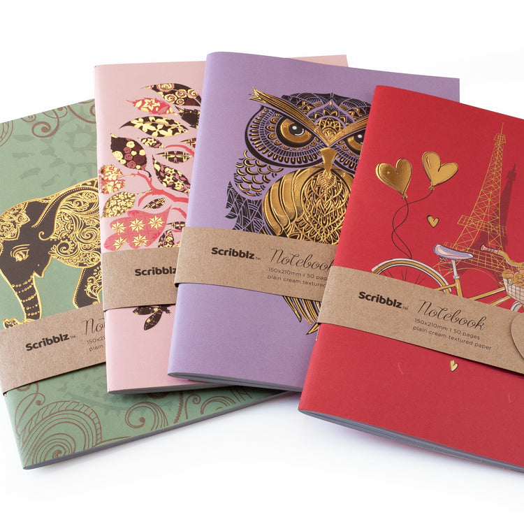 Image shows a group shot of the Scribblz Notebooks