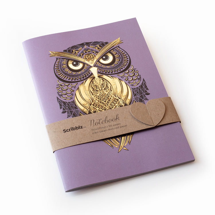 Image shows an A5 Owl Scribblz Notebook