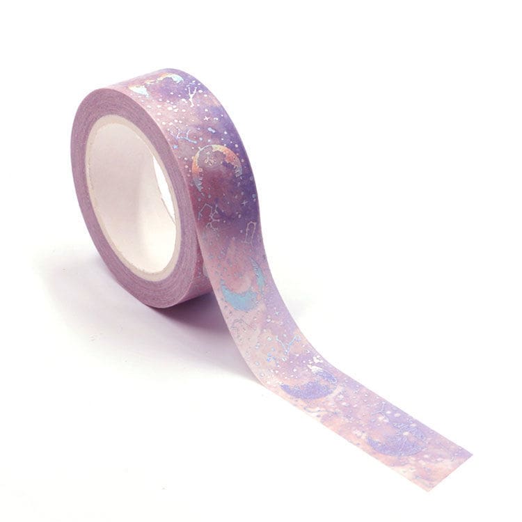 Image shows a silver stars washi tape with a purple background