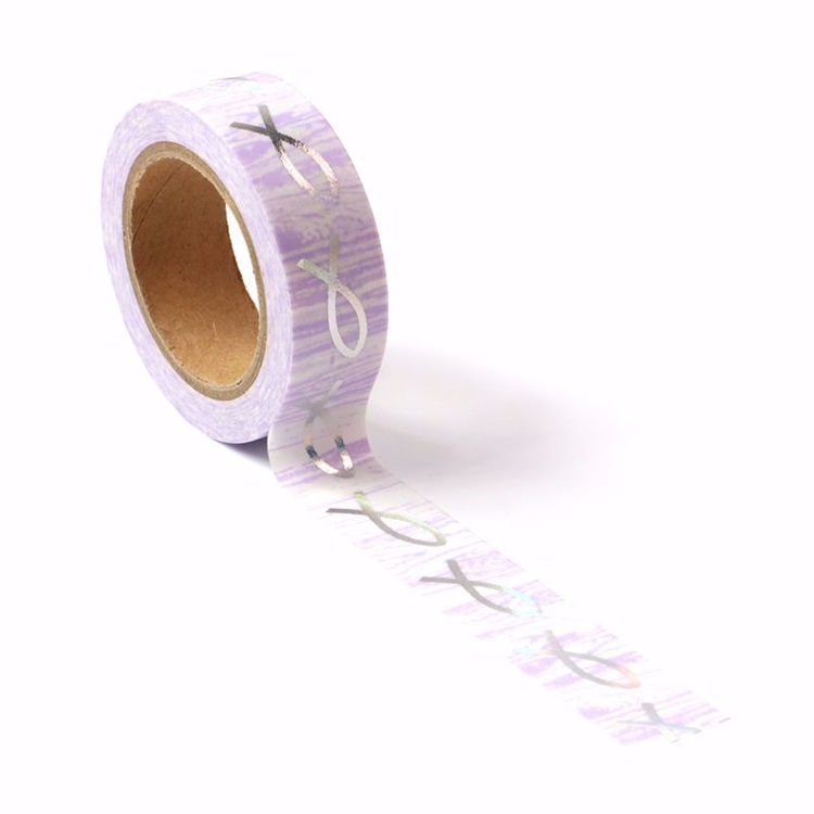 Image shows a silver fish pattern washi tape with a purple background