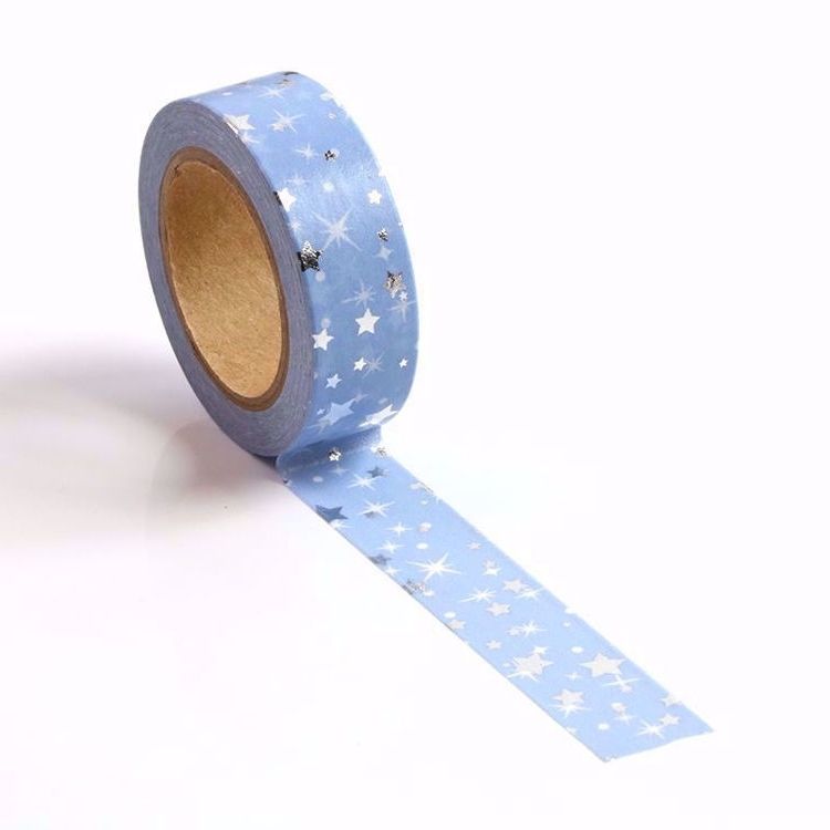 Image shows a blue washi tape with silver foil stars