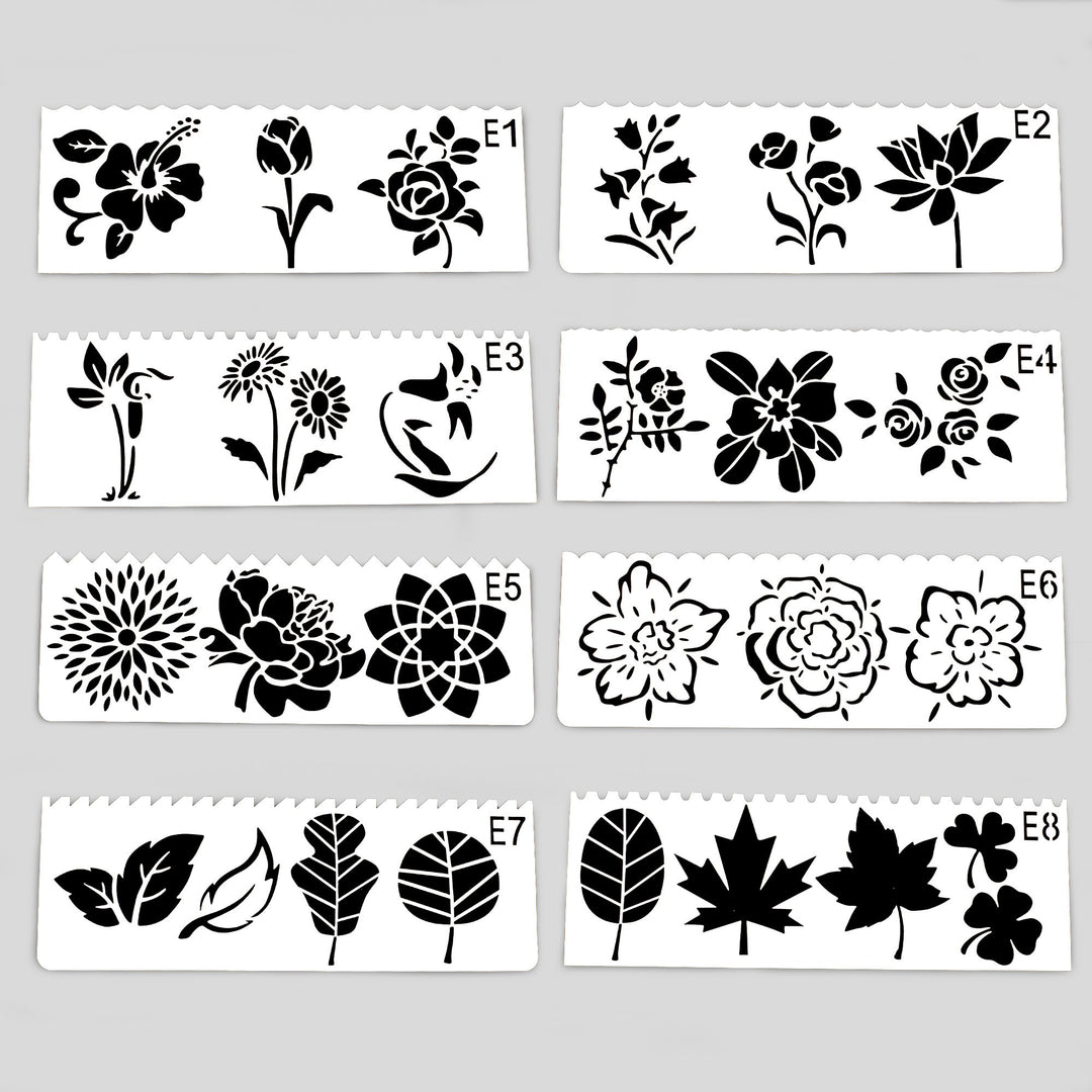 Image shows a set of 8 stencils with different floral designs