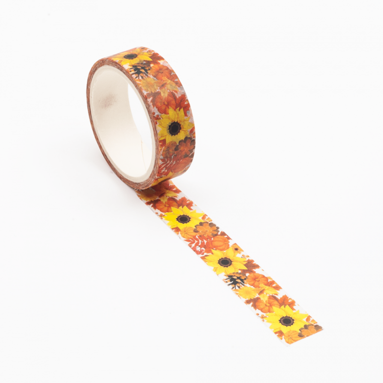 Image shows an orange and yellow sunflower pattern washi tape