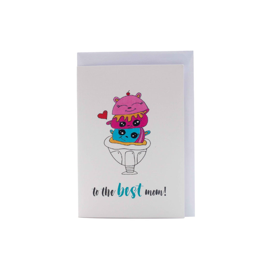 Image shows a greeting card with "to the best mom" written on it and an ice cream illustration