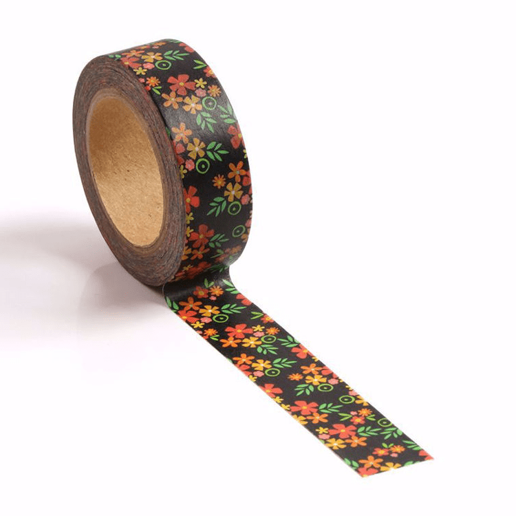 Image shows a colorful floral pattern washi tape, with a black background