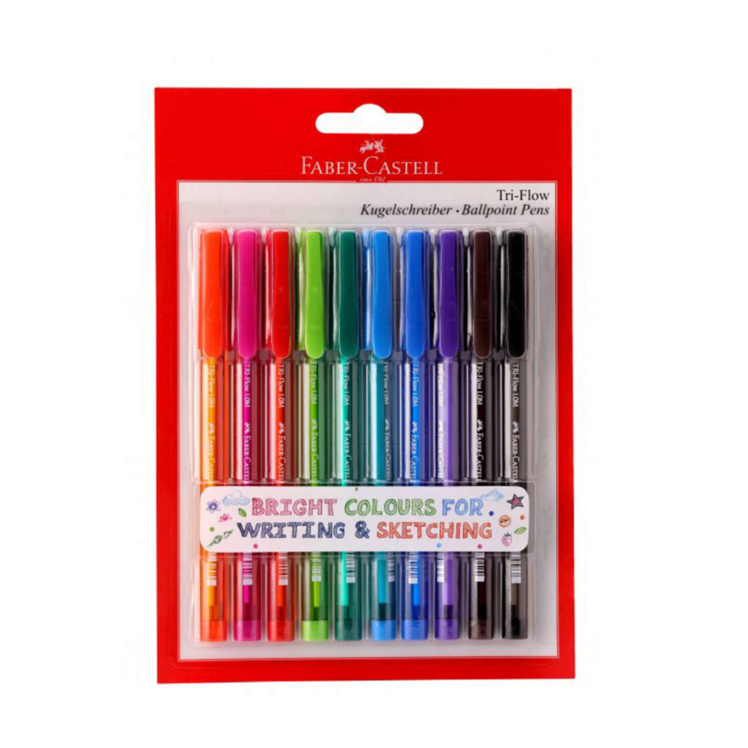 Image shows a Faber-Castell Tri flow pen set of 10 (assorted clolors)
