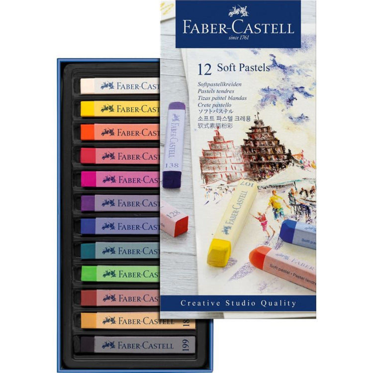 Image shows a set of 12 Faber-Castell soft pastels