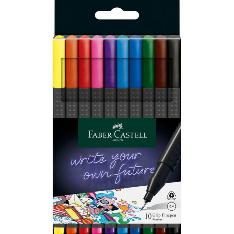 Image shows a set of 10 Faber-Castell grip fine pens (assorted colours)