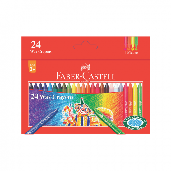Image shows a set of 24 Faber-Castell slim wax crayons