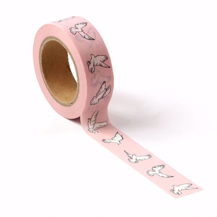 Image shows a white doves pattern washi tape, with pink background