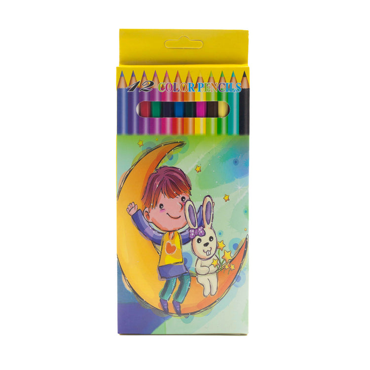 Image shows a set of 12 colour pencils (yellow packaging)