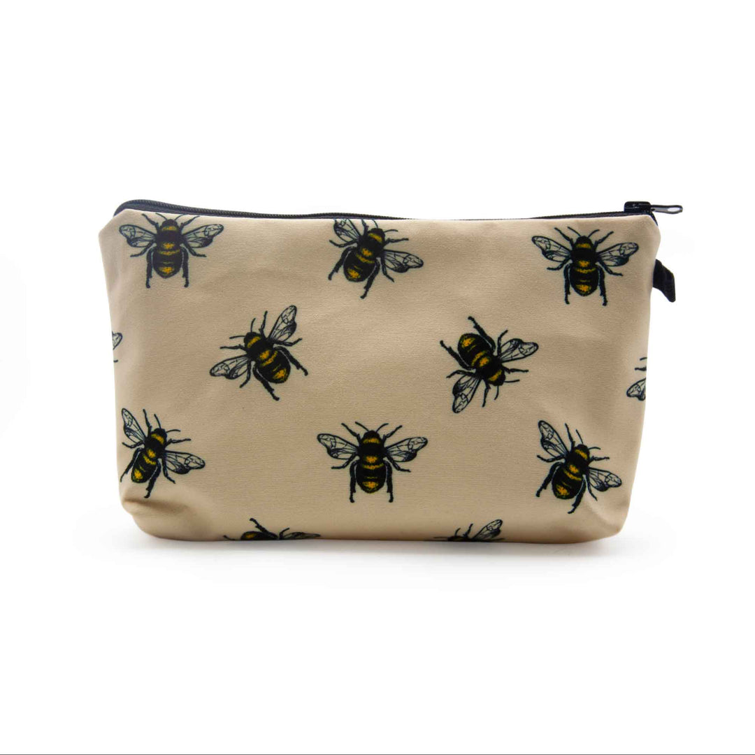 Image shows a cream pencil bag with bees