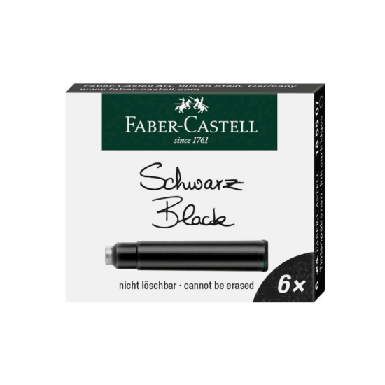 Image shows a set of 6 Faber-Castell ink cartridges (black)