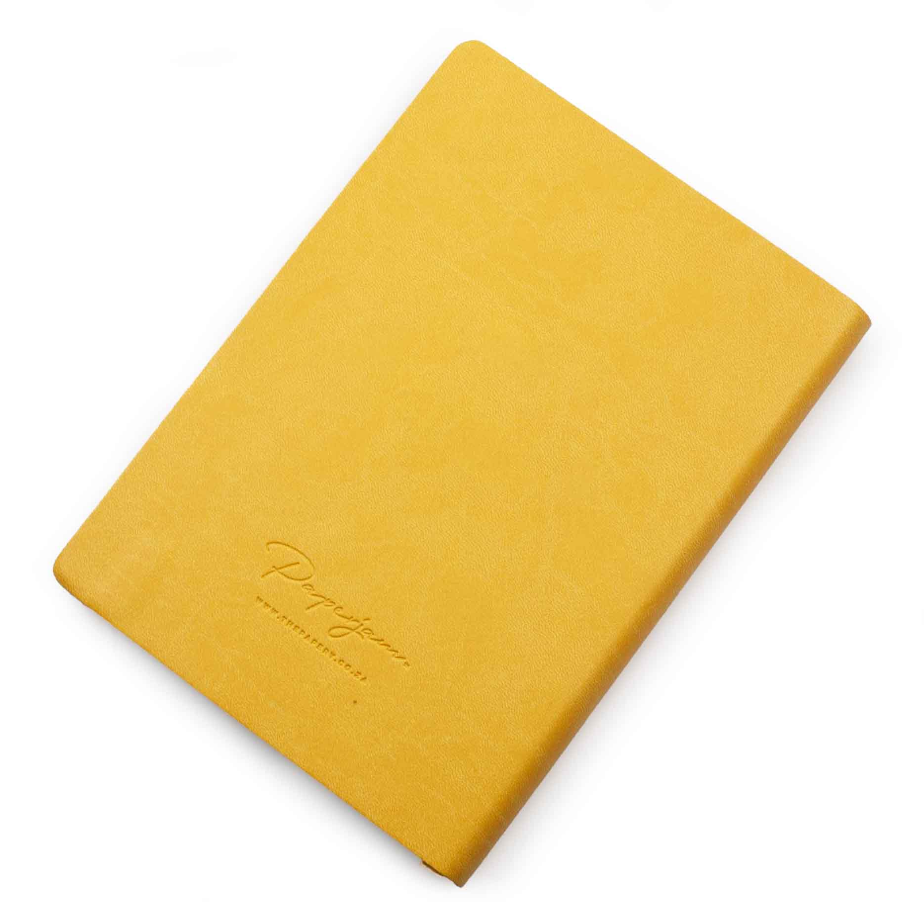 Image shows the back cover of a yellow Flexi Premium journal