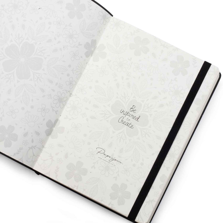 Image shows the endpaper of a black Flexi Premium journal