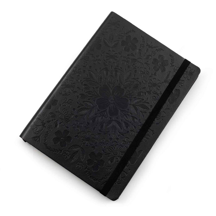 Image shows a top view of a black Flexi Premium journal